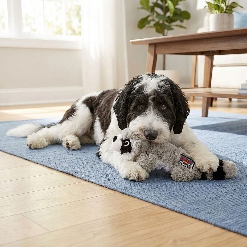 Chien jouant avec le jouet KONG Scrunch Knots Raccoon, mouvement naturel et engagement.