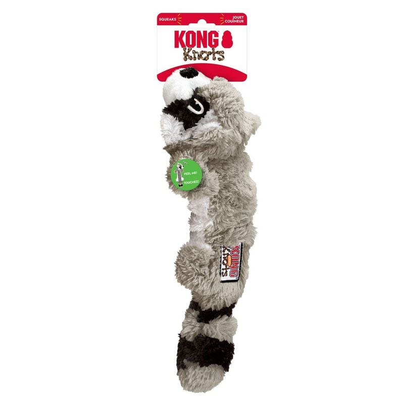 Vue de côté du KONG Scrunch Knots Raccoon montrant le tissu extensible et les détails de la corde in
