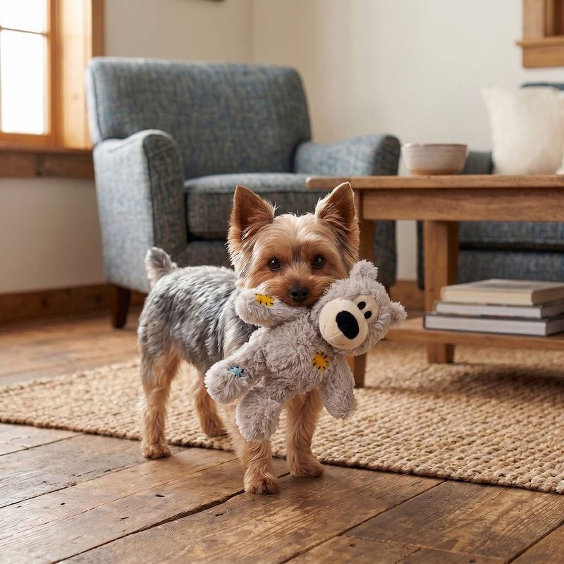 Chien heureux jouant avec le jouet en peluche KONG Wild Knots Bear, mâchonnant son corps en corde no