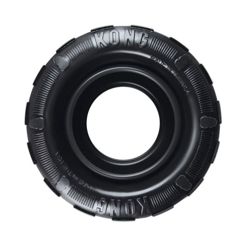 Vue de face du jouet pour chien KONG Extreme Tires S en caoutchouc noir, forme de pneu.