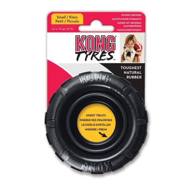 Vue latérale du jouet KONG Extreme Tires S montrant les parois latérales compressibles et le centre 