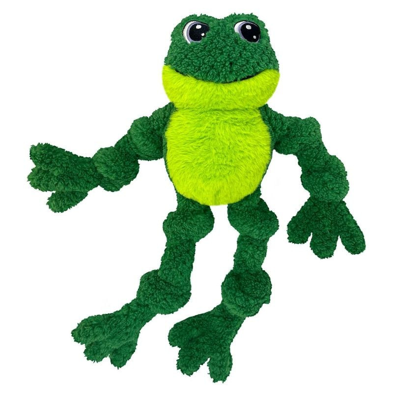 Vue de face du KONG Tugger Knots Frog SM, un jouet en peluche grenouille avec squelette en corde et 