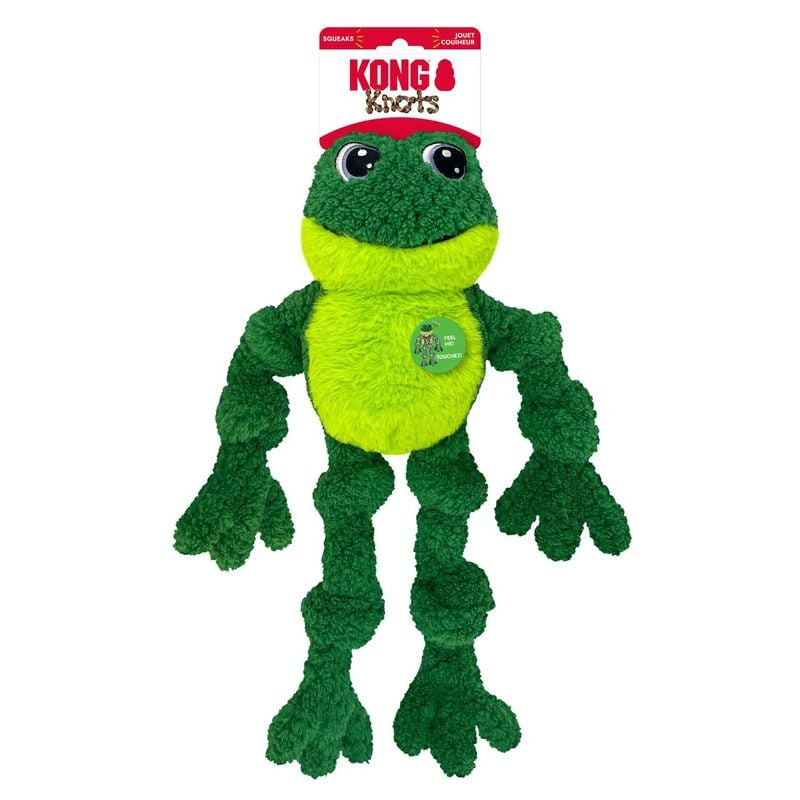 Vue latérale du KONG Tugger Knots Frog SM montrant les poignées en corde et le mécanisme du couineur