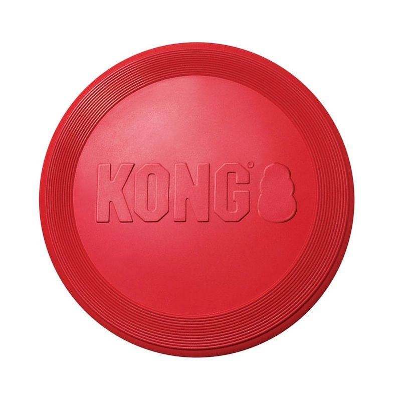 Frisbee KONG Flyer L en caoutchouc naturel pour chien sur fond blanc. Vue de dessus montrant la surf