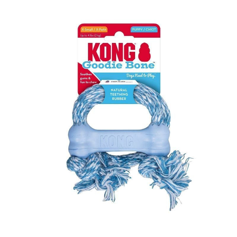 KONG Puppy Goodie Bone XS avec corde sur fond blanc, en caoutchouc souple avec extrémités pour frian