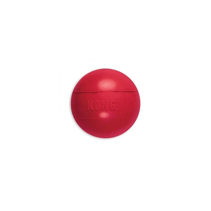 Balle KONG Ball M sur fond blanc, balle en caoutchouc naturel durable avec forme emblématique.
