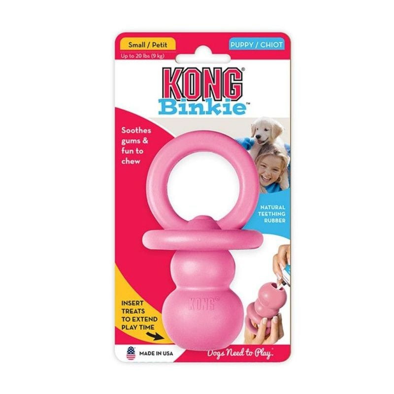 Gros plan du KONG Puppy Binkie S montrant le matériau en caoutchouc doux et la forme de tétine.