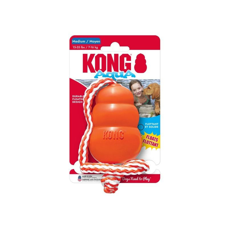 Gros plan du jouet KONG Aqua M pour chien montrant le matériau en caoutchouc et la corde.