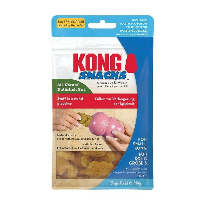 Packshot des KONG Biscuits pour chiots montrant l'emballage du produit avec un chien