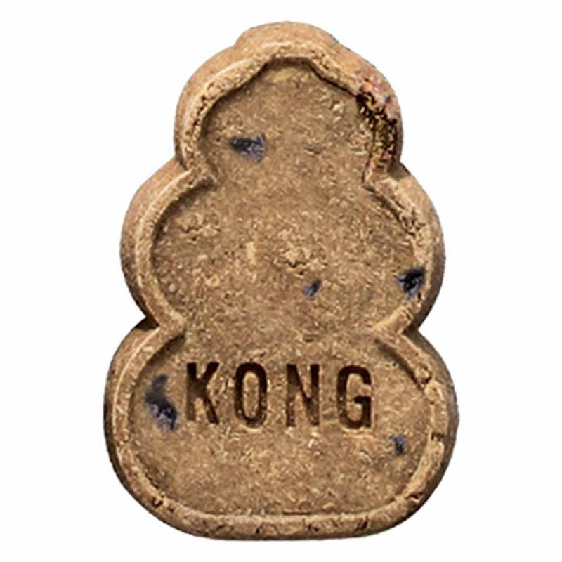 Friandises KONG au foie pour chien dans un sachet refermable, avec un jouet KONG Classic placé à côt