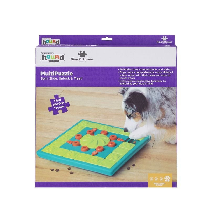 Vue latérale du puzzle interactif pour chien Nina Ottosson Multipuzzle, montrant sa construction rob
