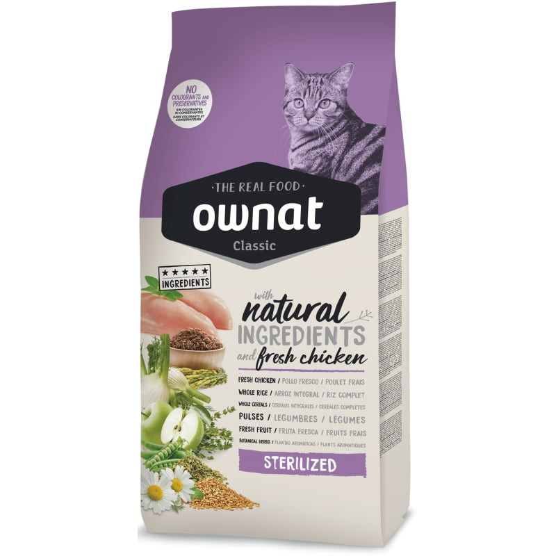 Packshot des croquettes Ownat Classic pour chat stérilisé, avec sac, croquettes et illustration féli