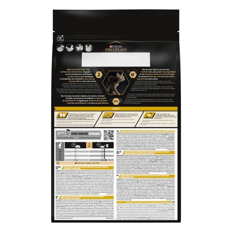 Dos du sac de croquettes Pro Plan Light Adult : infos nutritionnelles et guide d'alimentation.