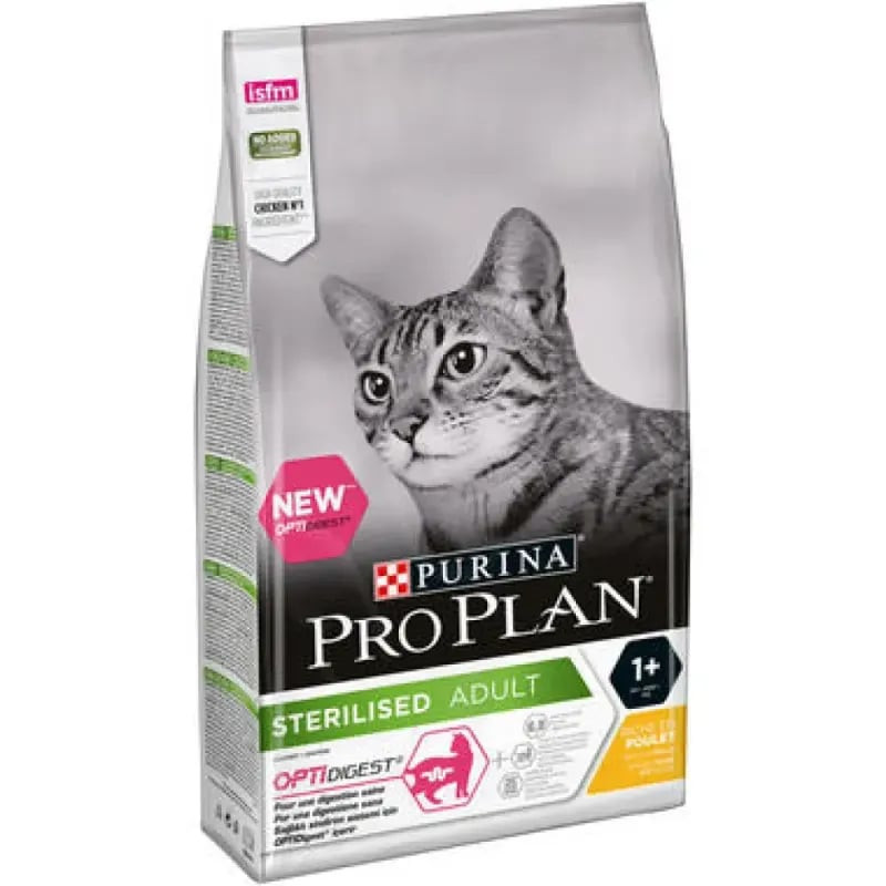 Vue avant du sac de croquettes Purina Pro Plan pour chats adultes stérilisés, saveur poulet.