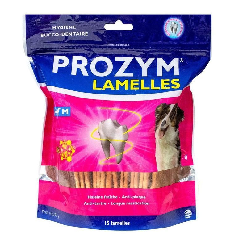 Packshot des friandises dentaires Prozym M pour chiens moyens, montrant l'emballage avec illustratio