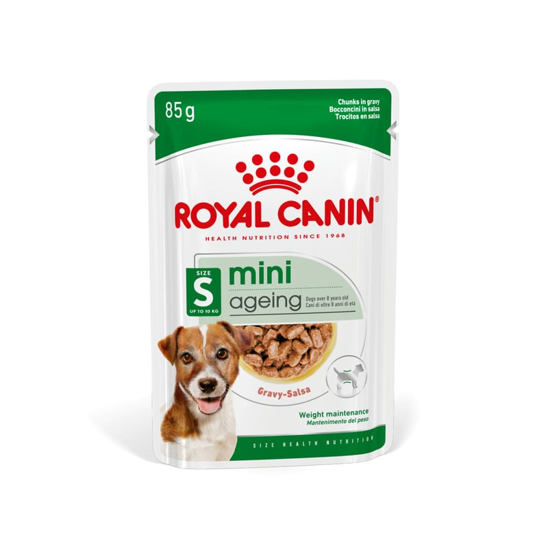 Packshot de la pâtée Royal Canin pour chien senior petites races au poulet 12x85g