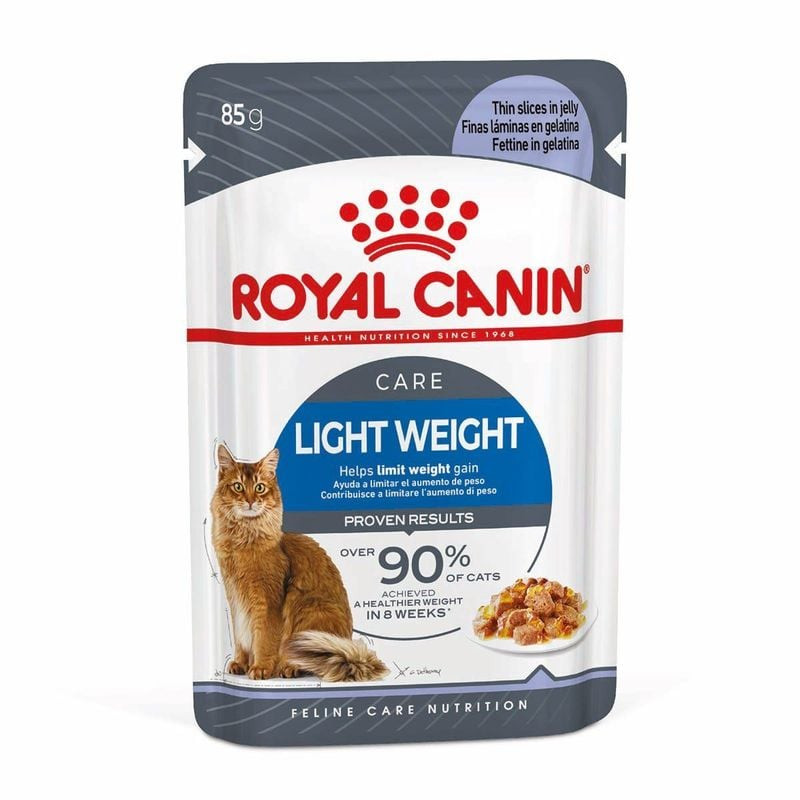 Pâtée légère Royal Canin Light Weight Care en gelée, en boîte avec illustration de chat et allégatio