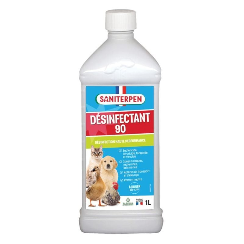 Packshot du Désinfectant concentré Saniterpen 90 large spectre 1L pour chien, flacon blanc avec étiq