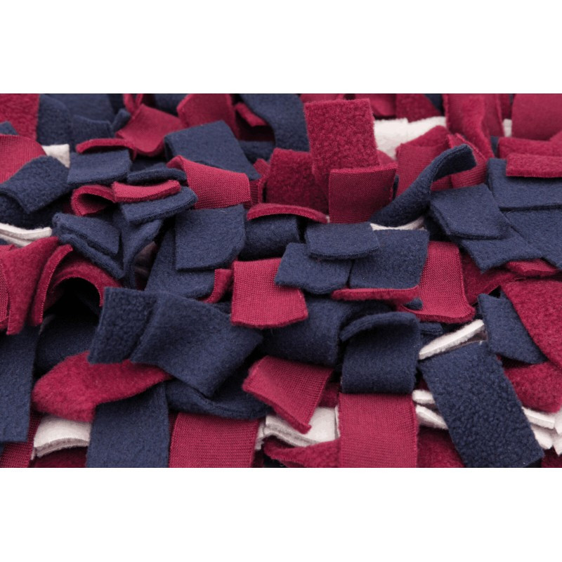 Detail view of a treat hidden deep within the Trixie Snuffle Mat fringes, encouraging foraging.