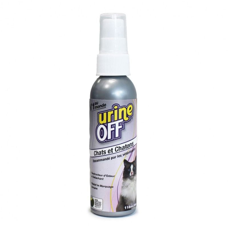 Packshot du spray nettoyant enzymatique URINE OFF 118 ml pour urine de chat, sur fond blanc.