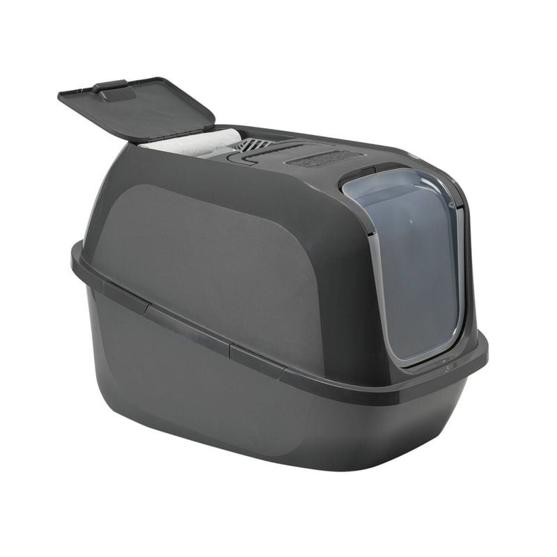 Bac à litière fermé VADIGRAN King gris, vue de face montrant l'entrée et le système de ventilation.