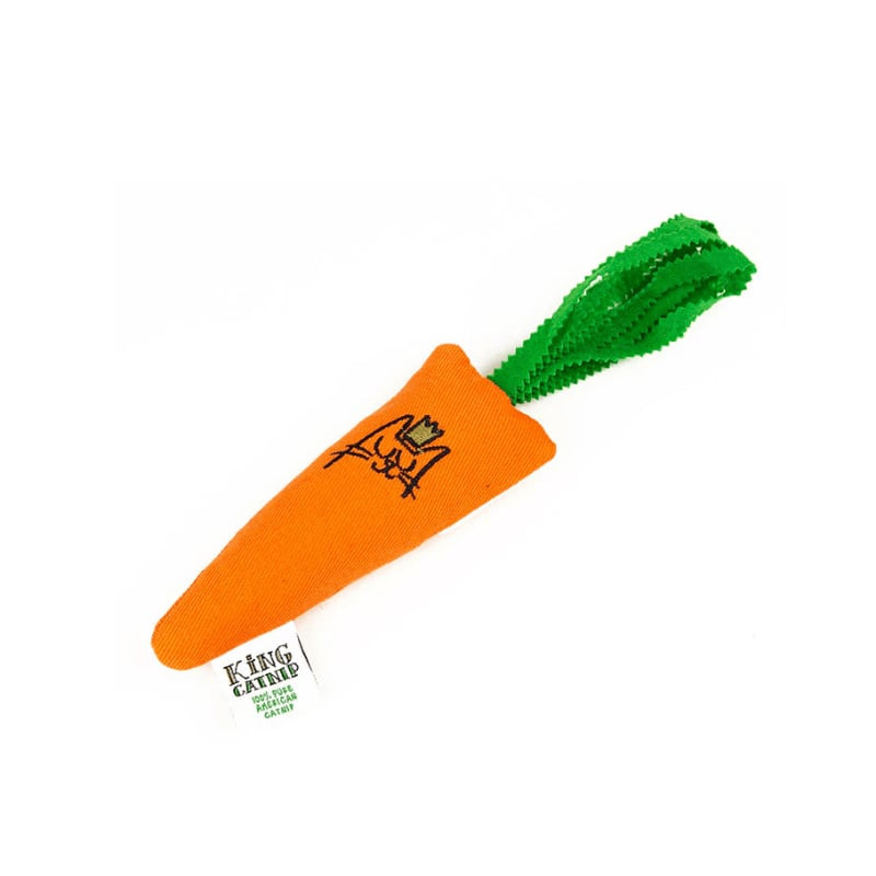 Gros plan du jouet carotte King Catnip montrant la double couture et la fermeture velcro pour rechar