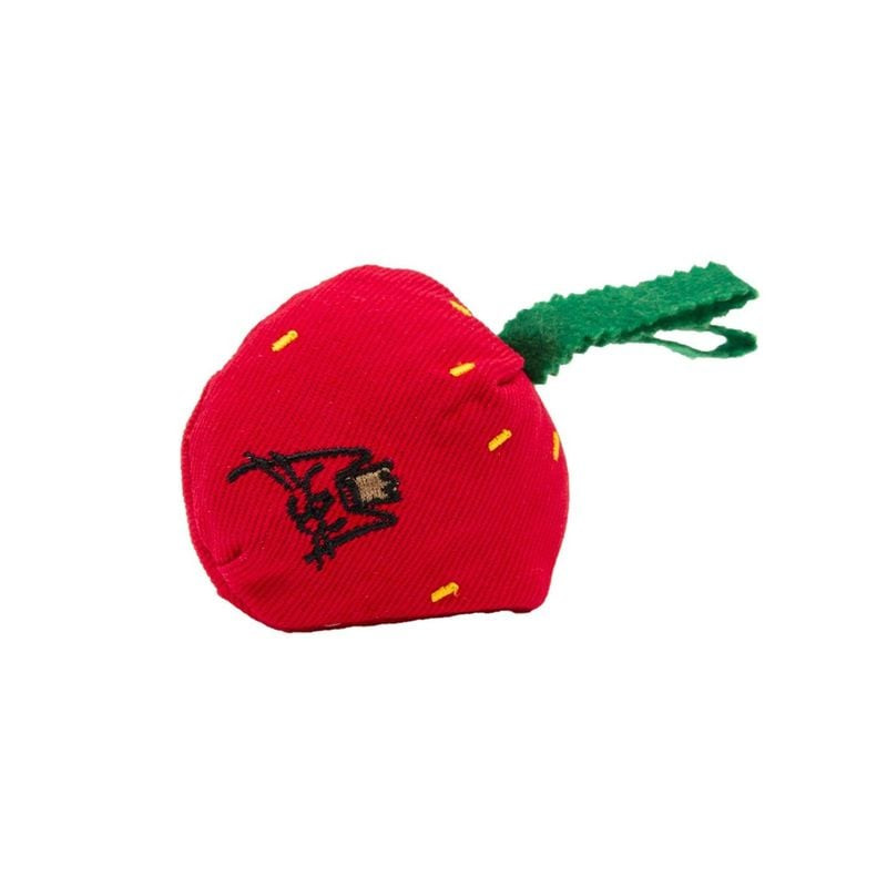 Jouet fraise pour chat King Catnip, rouge vif et feuilles vertes, rempli d'herbe à chat bio, sur fon
