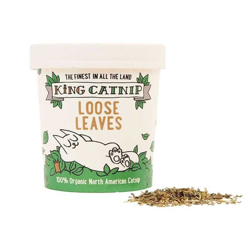 Packshot de l'herbe à chat biologique VADIGRAN King Catnip dans un contenant étiqueté avec un motif 