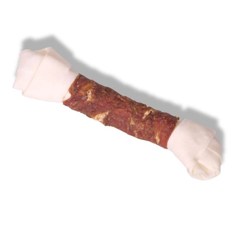 Os noué à mâcher pour chien en peau de bœuf et canard sur fond blanc.