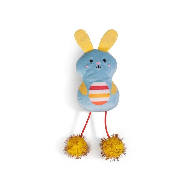 Jouet pour chat Bowi Lapin en peluche lapin avec herbe à chat, 18 cm, sur fond blanc.