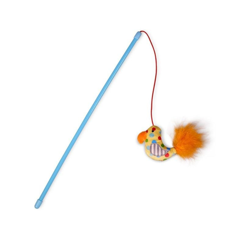 Jouet canne à pêche VADIGRAN Bowi pour chat avec peluche oiseau colorée et queue en plumes sur une t