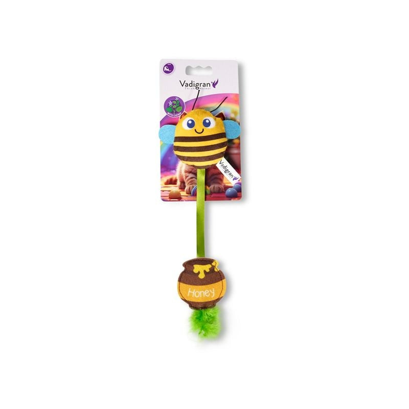 Jouet abeille pour chat VADIGRAN Bowi jaune et noir, vue de face montrant le visage de l'abeille et 