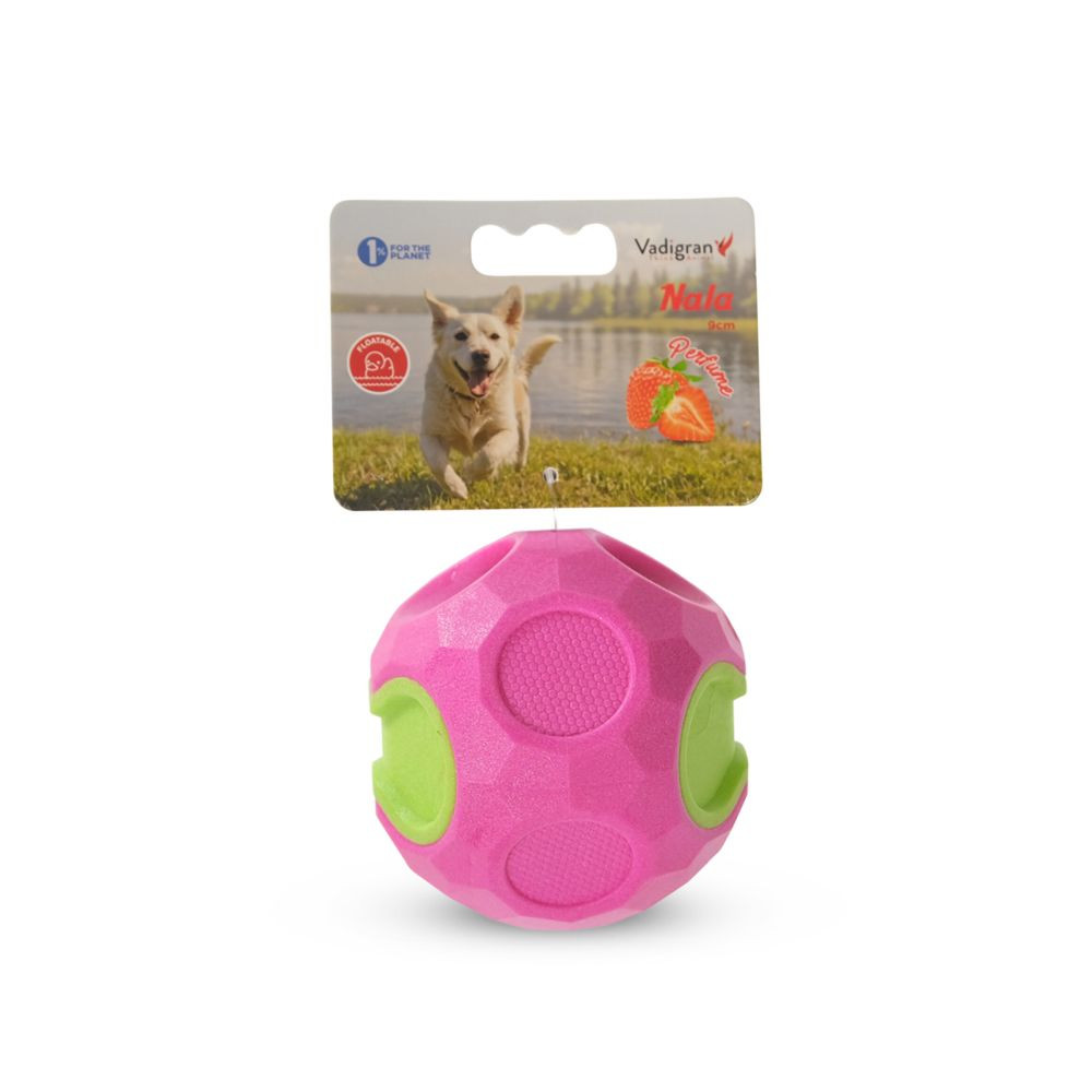Pink Vadigran TPR dog ball on white background, 9 cm diameter, textured surface for dental health.
