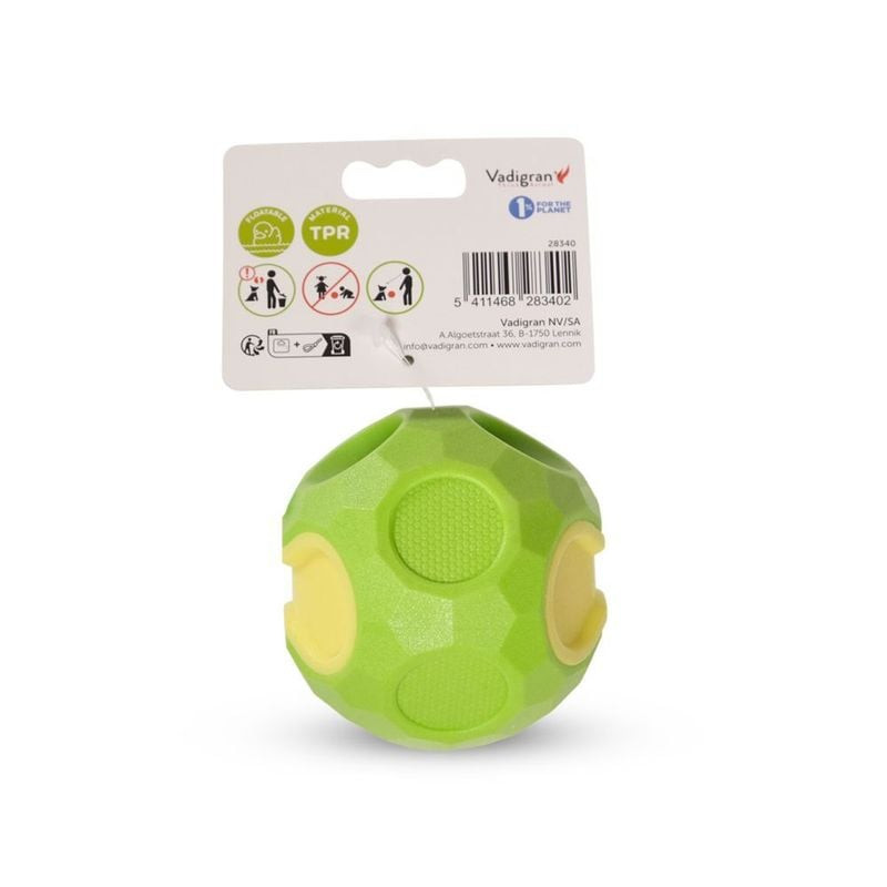 Balle pour chien Vadigran TPR verte sur fond blanc, vue de face.