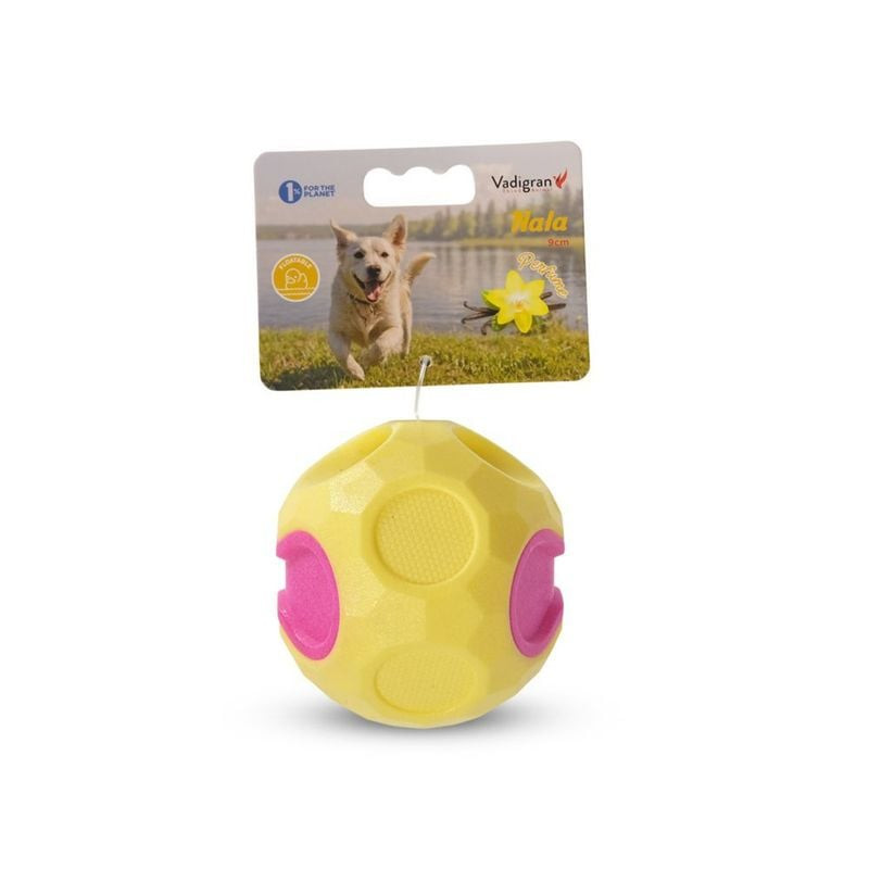 Balle de jeu TPR Vadigran jaune vif, diamètre 9 cm, sur fond blanc.