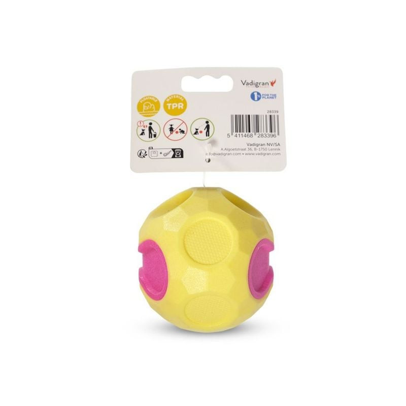 Vue latérale de la balle pour chien TPR jaune VADIGRAN, montrant sa texture et sa taille.