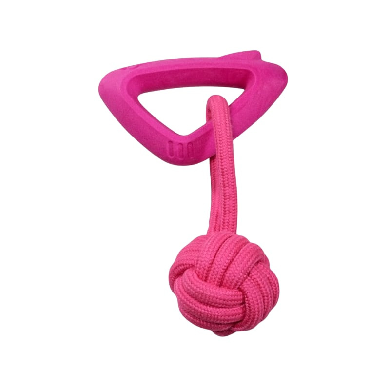 Jouet pour chien Vadigran triangle TPR avec poignée rose, angle de côté mettant en valeur le nœud de