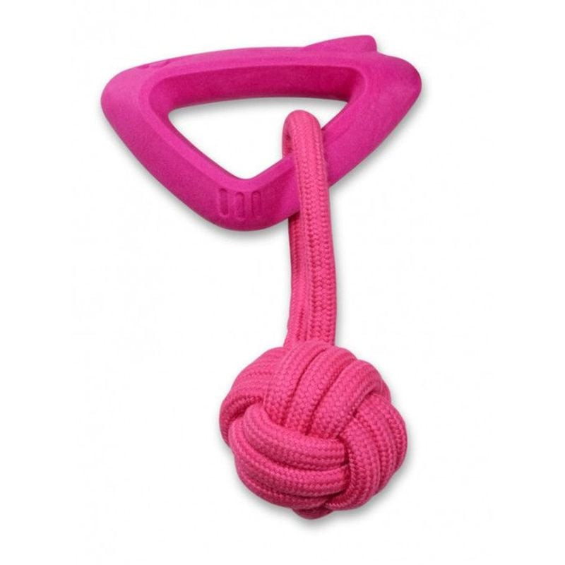 Jouet pour chien Vadigran triangle TPR avec poignée rose et corde en coton, vue de face montrant le 
