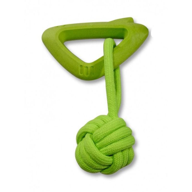 Jouet triangulaire vert pour chien Vadigran 1969234 avec corde en coton sur fond blanc.