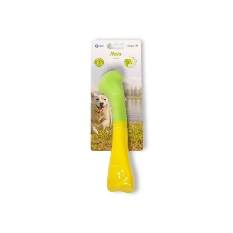 Jouet os Vadigran vert pour chien en forme d'os sur fond blanc
