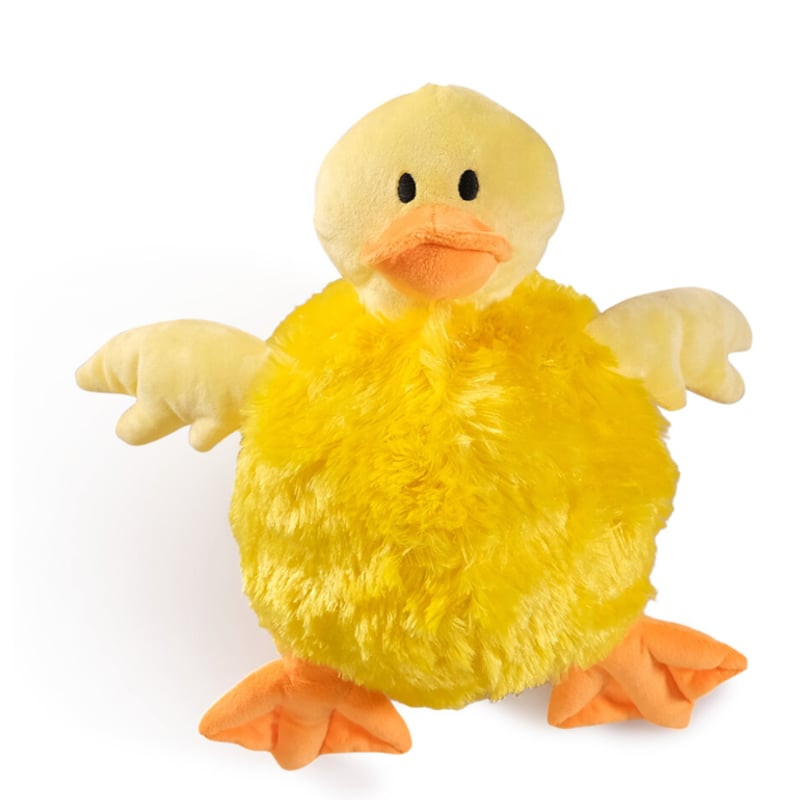 Jouet peluche canard VADIGRAN Belly pour chien, canard jaune doux avec ventre blanc debout sur fond 