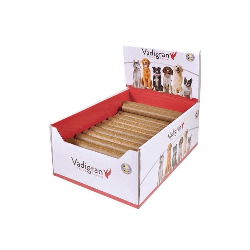 Vue de face de l'emballage des Vadigran Mega Sticks au poulet avec nom du produit et image de chien