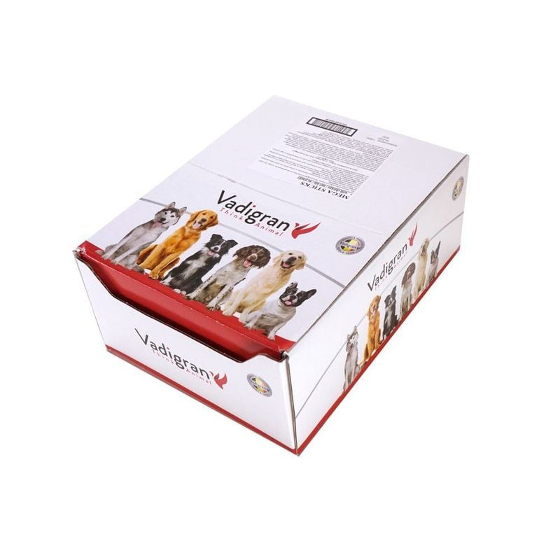 Vadigran Mega Sticks friandises pour chien au poulet - vue de côté de l'emballage indiquant dimensio