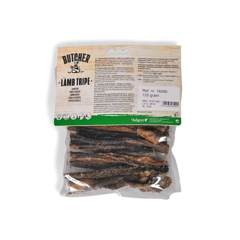 VADIGRAN 1969205 friandises chien panse d'agneau, vue arrière avec conseils d'alimentation et logo d
