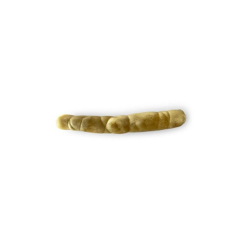 Friandise chien Vadigran rouleau peau de tête de bœuf sur fond blanc, mastication naturelle longue d