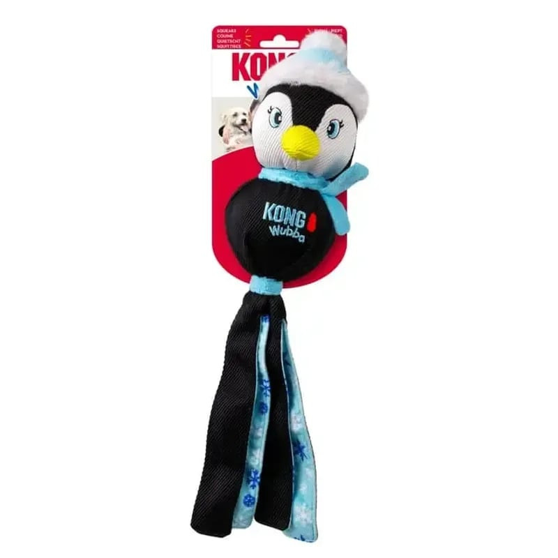 KONG Holiday Wubba motif pingouin festif, longues queues souples et couineur pour jeu interactif.