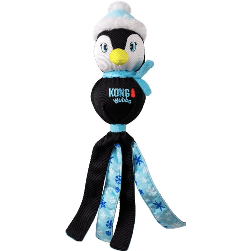 Jouet KONG Holiday Wubba avec motif bonhomme de neige, longues queues et sifflet intégré.