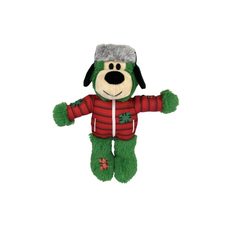 Jouet pour chien en peluche KONG Holiday Wild Knots Ours vu de dessus, montrant l'écharpe et la queu