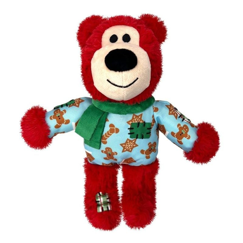 Jouet chien en peluche KONG Holiday Wild Knots Ours sur fond blanc, vue trois-quarts montrant le pul