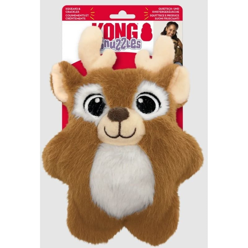 Vue latérale du jouet pour chien KONG Holiday Snuzzles Renne M/L montrant sa forme plate et son siff